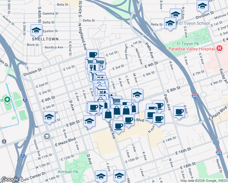 map of restaurants, bars, coffee shops, grocery stores, and more near 540 J Avenue in National City