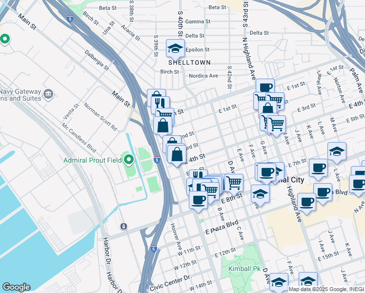 map of restaurants, bars, coffee shops, grocery stores, and more near 35 East 3rd Street in National City