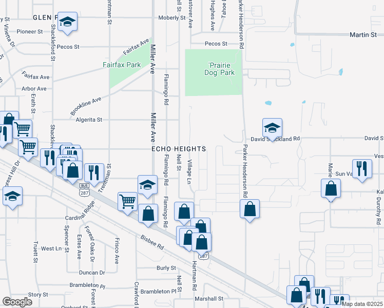 map of restaurants, bars, coffee shops, grocery stores, and more near 5307 Village Lane in Fort Worth