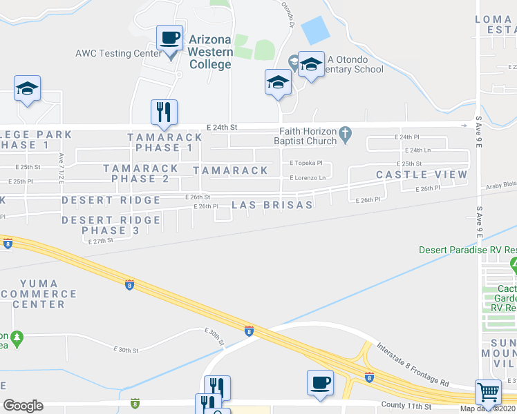 map of restaurants, bars, coffee shops, grocery stores, and more near 2646 South Gardenia Avenue in Yuma