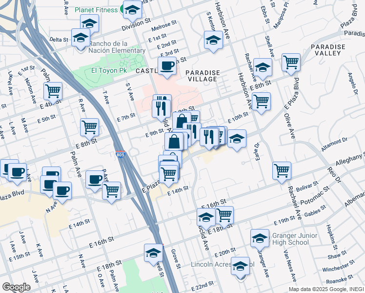 map of restaurants, bars, coffee shops, grocery stores, and more near 1000 Euclid Avenue in National City