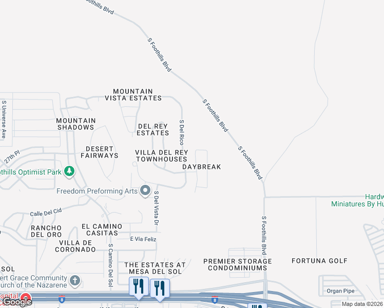 map of restaurants, bars, coffee shops, grocery stores, and more near South Sundown Drive in Yuma