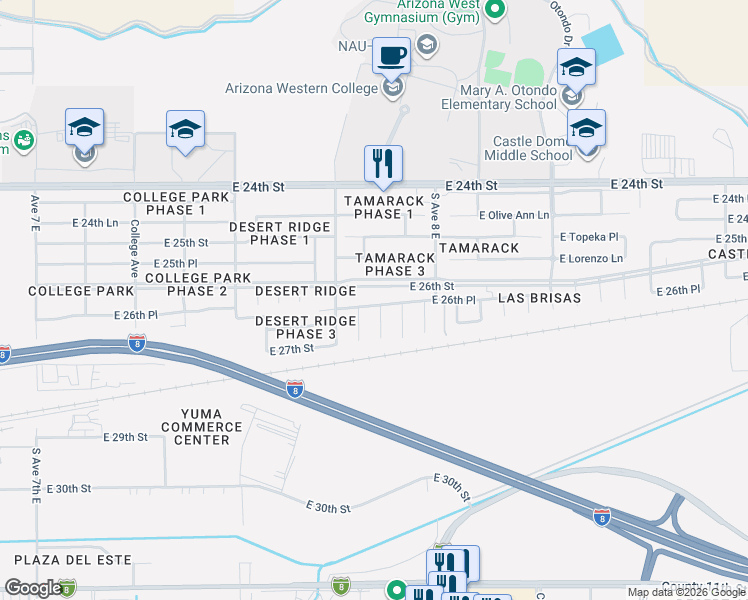map of restaurants, bars, coffee shops, grocery stores, and more near 7798 East 26th Place in Yuma