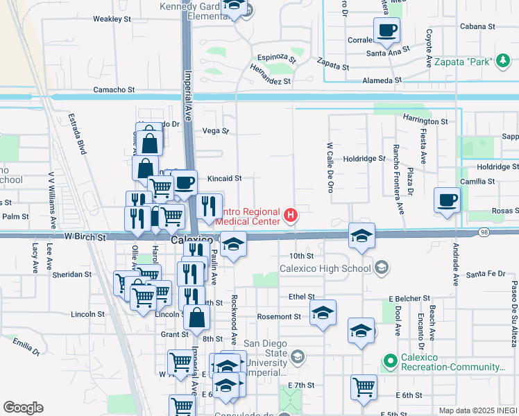 map of restaurants, bars, coffee shops, grocery stores, and more near 1113 C N Perry Rd in Calexico