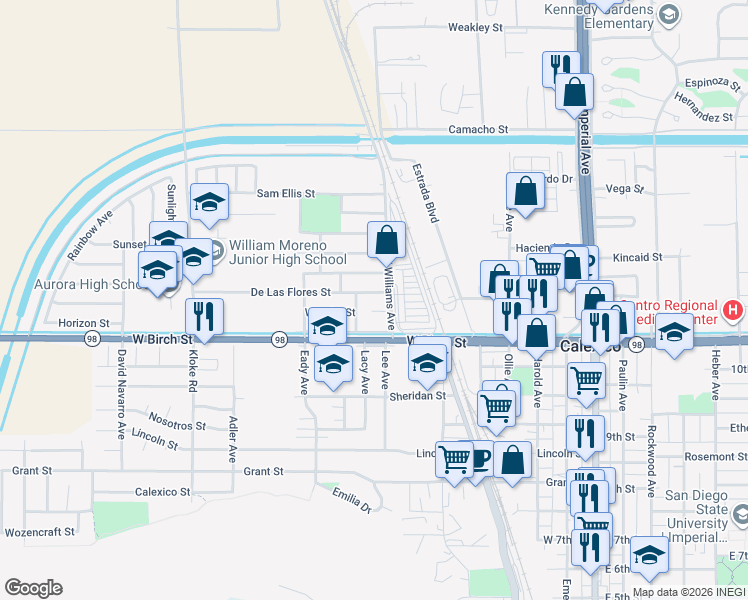 map of restaurants, bars, coffee shops, grocery stores, and more near V V Williams Ave in Calexico