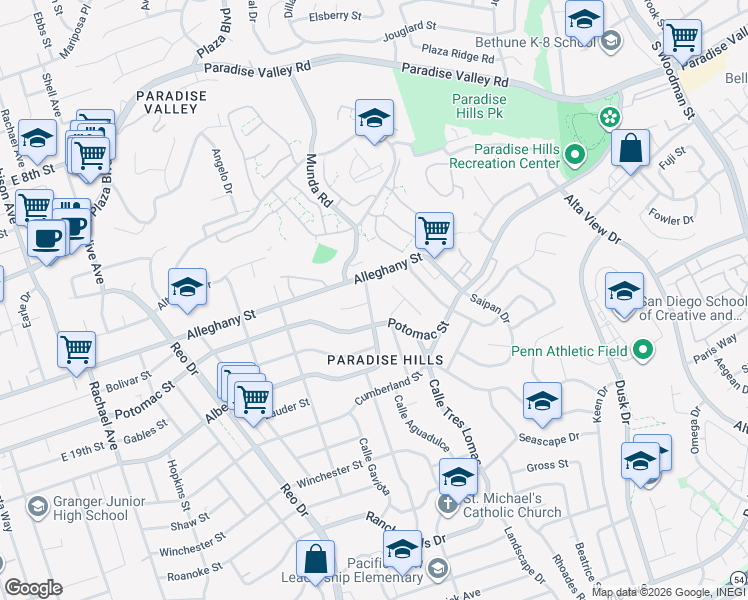 map of restaurants, bars, coffee shops, grocery stores, and more near 6152 Roberts Drive in San Diego