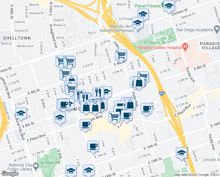 map of restaurants, bars, coffee shops, grocery stores, and more near 618-40 M Avenue in National City