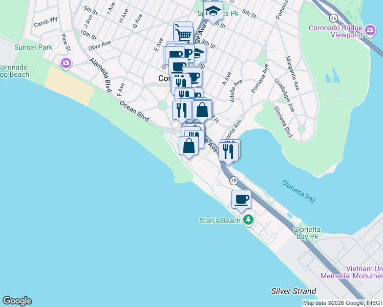 map of restaurants, bars, coffee shops, grocery stores, and more near 1500 Orange Avenue in Coronado