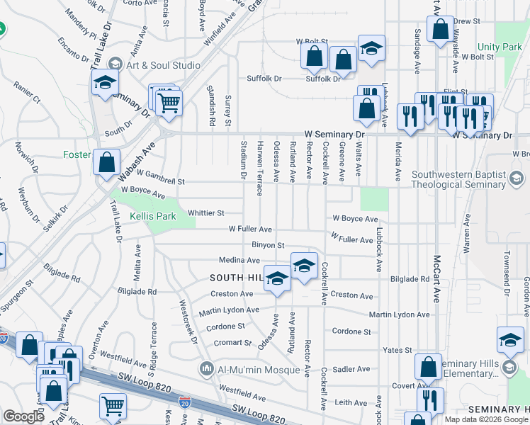 map of restaurants, bars, coffee shops, grocery stores, and more near 4605 Harwen Terrace in Fort Worth