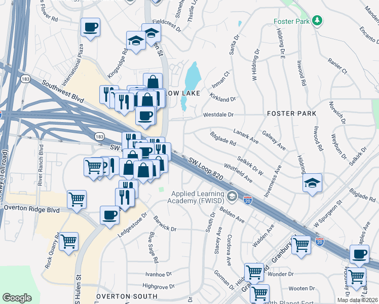 map of restaurants, bars, coffee shops, grocery stores, and more near 4357 Whitfield Avenue in Fort Worth