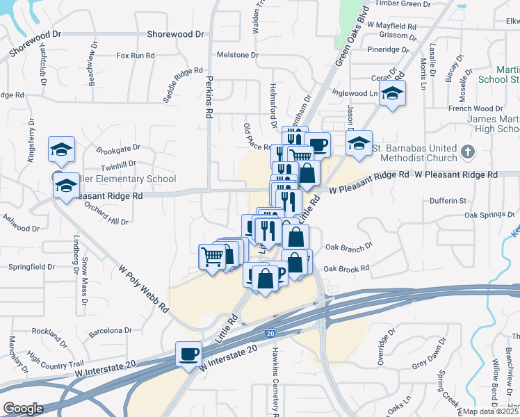 map of restaurants, bars, coffee shops, grocery stores, and more near 4220 Green Oaks Boulevard in Arlington