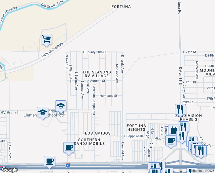 map of restaurants, bars, coffee shops, grocery stores, and more near 10389 South Tornado Avenue in Yuma