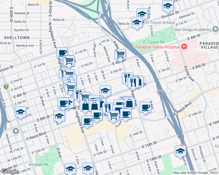 map of restaurants, bars, coffee shops, grocery stores, and more near 618-40 M Avenue in National City