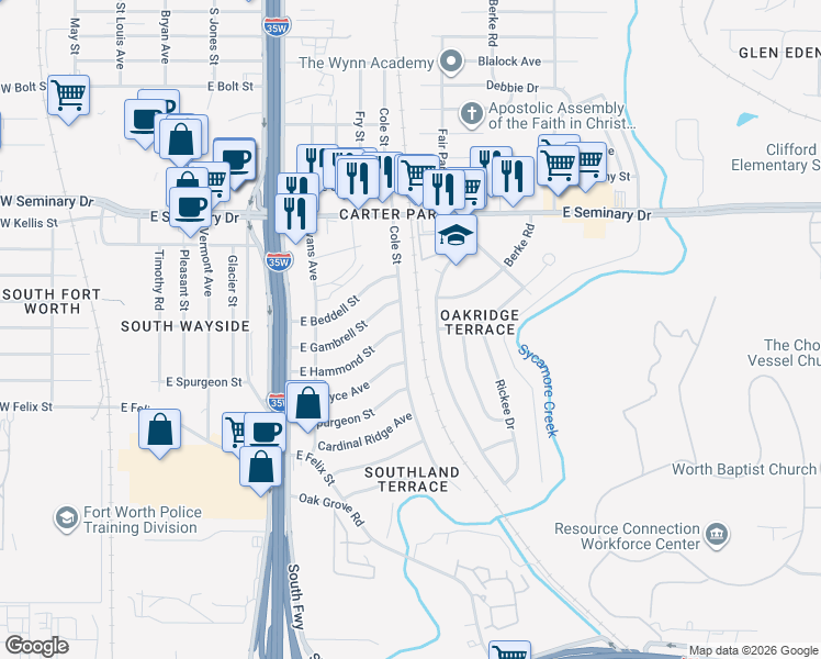 map of restaurants, bars, coffee shops, grocery stores, and more near 4601 Cole Street in Fort Worth