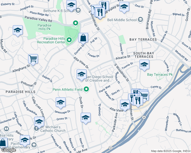 map of restaurants, bars, coffee shops, grocery stores, and more near 2388 Adirondack Row in San Diego