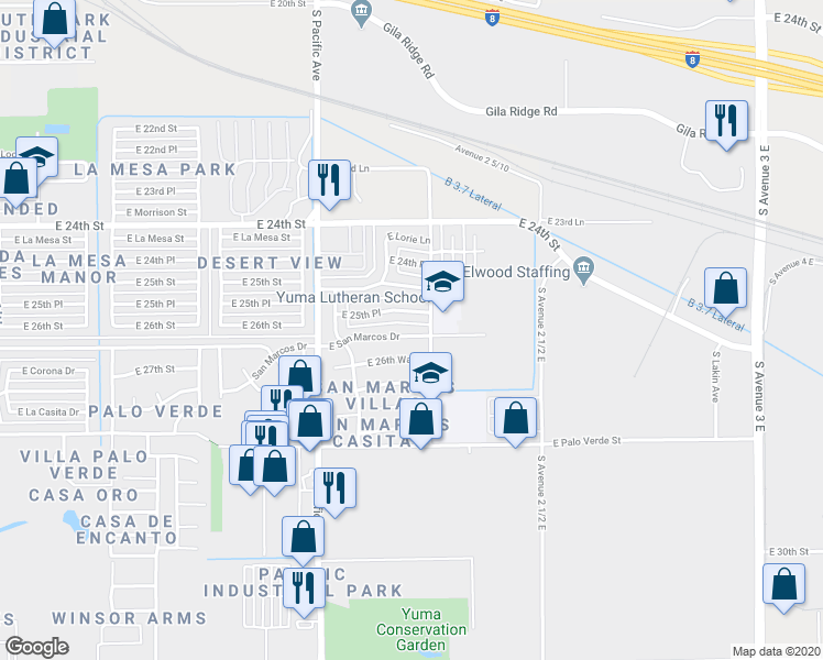 map of restaurants, bars, coffee shops, grocery stores, and more near 2270 East San Marcos Drive in Yuma