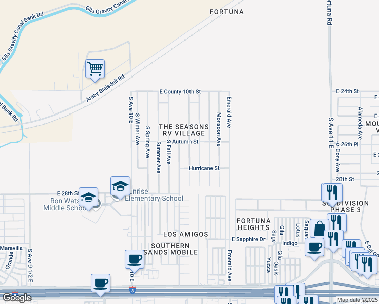 map of restaurants, bars, coffee shops, grocery stores, and more near 10365 South Cyclone Avenue in Yuma