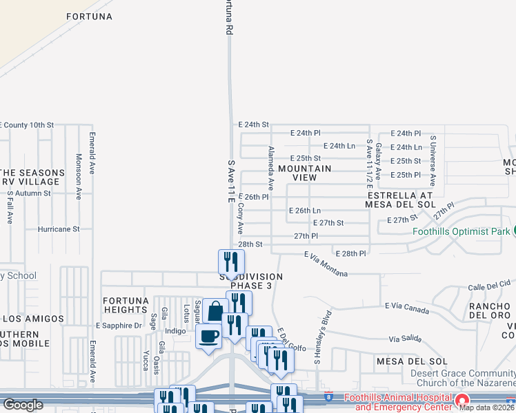 map of restaurants, bars, coffee shops, grocery stores, and more near 11176 East 26th Lane in Yuma