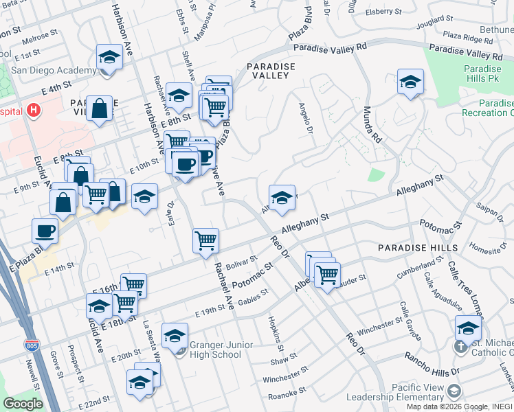 map of restaurants, bars, coffee shops, grocery stores, and more near 1984 Altamont Court in San Diego