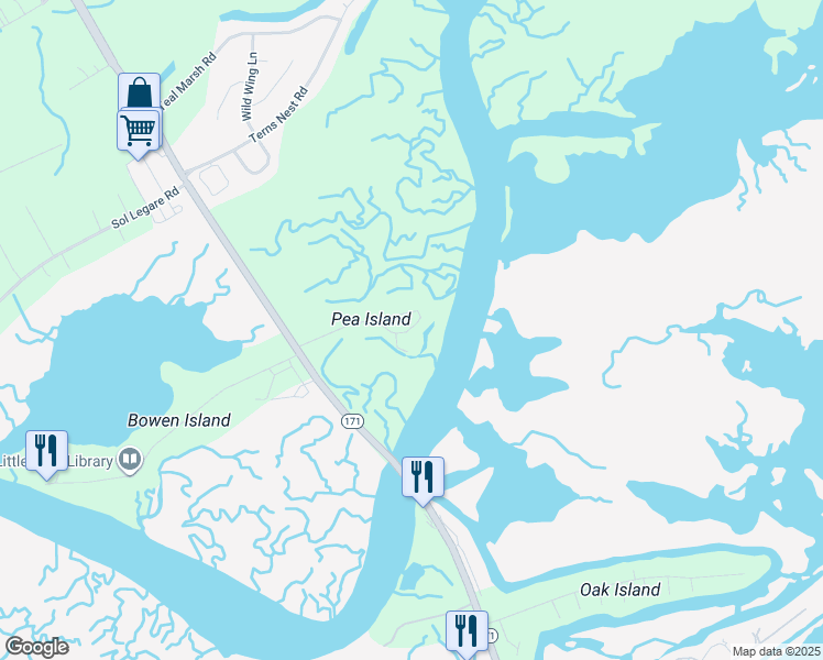 map of restaurants, bars, coffee shops, grocery stores, and more near 1645 Folly Creek Way in Charleston