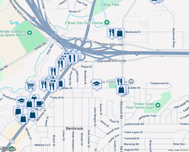 map of restaurants, bars, coffee shops, grocery stores, and more near 213 San Angelo Avenue in Benbrook