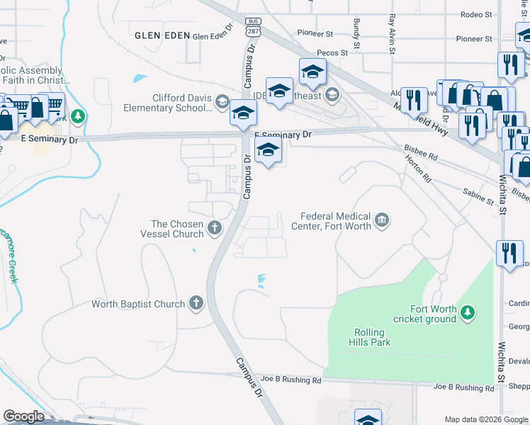 map of restaurants, bars, coffee shops, grocery stores, and more near 4510 Alamosa Street in Fort Worth