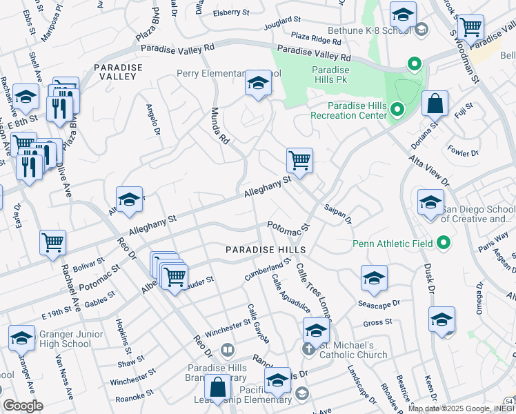 map of restaurants, bars, coffee shops, grocery stores, and more near 6152 Roberts Drive in San Diego