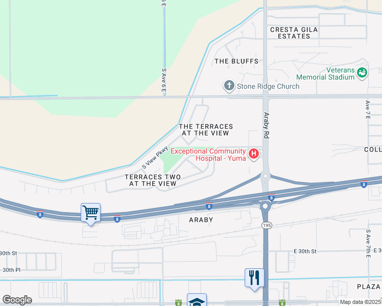map of restaurants, bars, coffee shops, grocery stores, and more near 6106 East Overlook Lane in Yuma