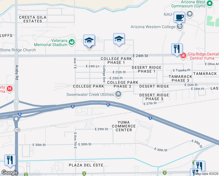map of restaurants, bars, coffee shops, grocery stores, and more near 7312 East 26th Place in Yuma