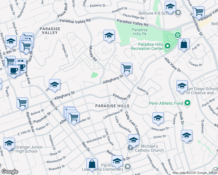 map of restaurants, bars, coffee shops, grocery stores, and more near 6152 Roberts Drive in San Diego