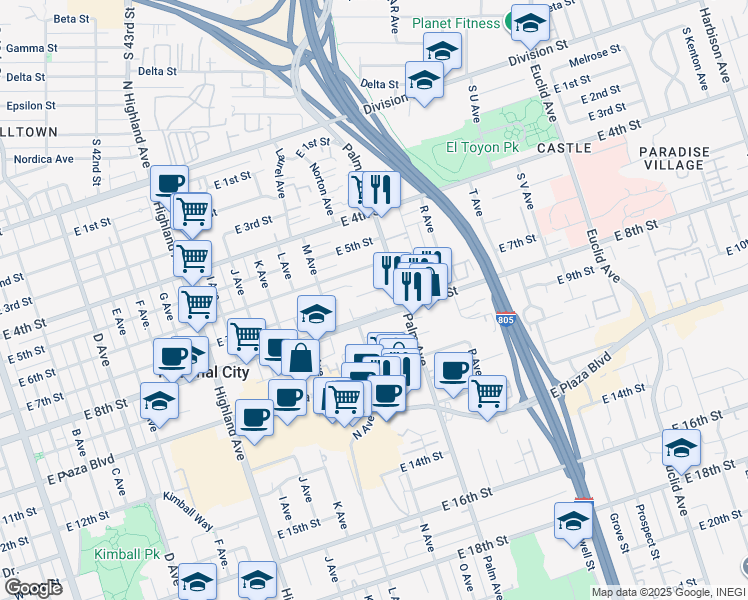 map of restaurants, bars, coffee shops, grocery stores, and more near 1419 East 8th Street in National City