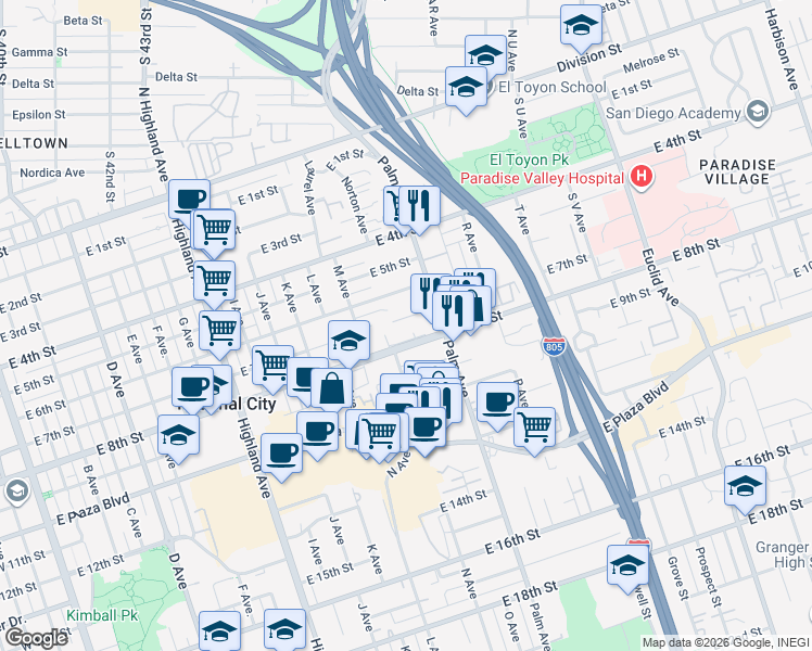 map of restaurants, bars, coffee shops, grocery stores, and more near 1419 East 8th Street in National City