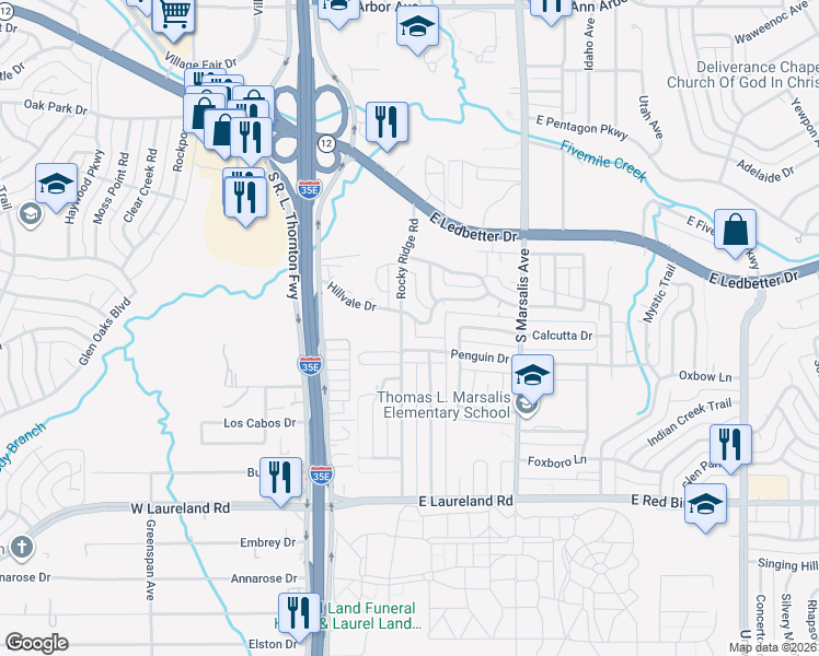 map of restaurants, bars, coffee shops, grocery stores, and more near 5322 Rocky Ridge Road in Dallas
