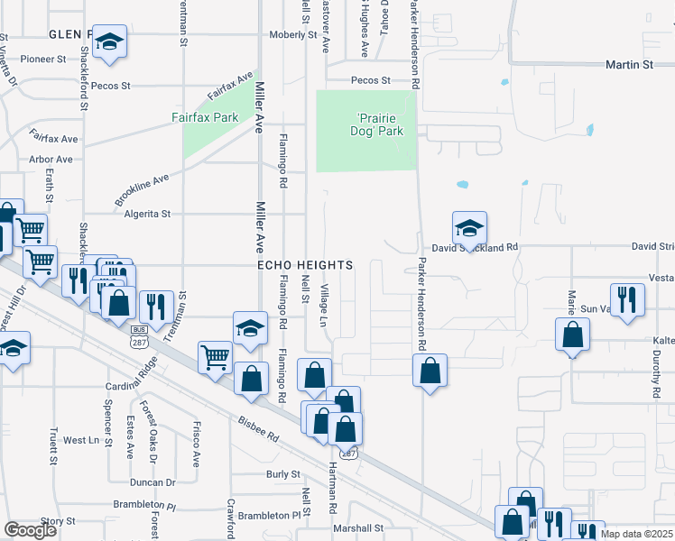 map of restaurants, bars, coffee shops, grocery stores, and more near 5307 Village Lane in Fort Worth