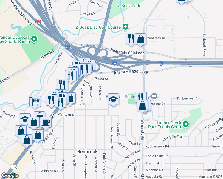 map of restaurants, bars, coffee shops, grocery stores, and more near 213 San Angelo Avenue in Benbrook