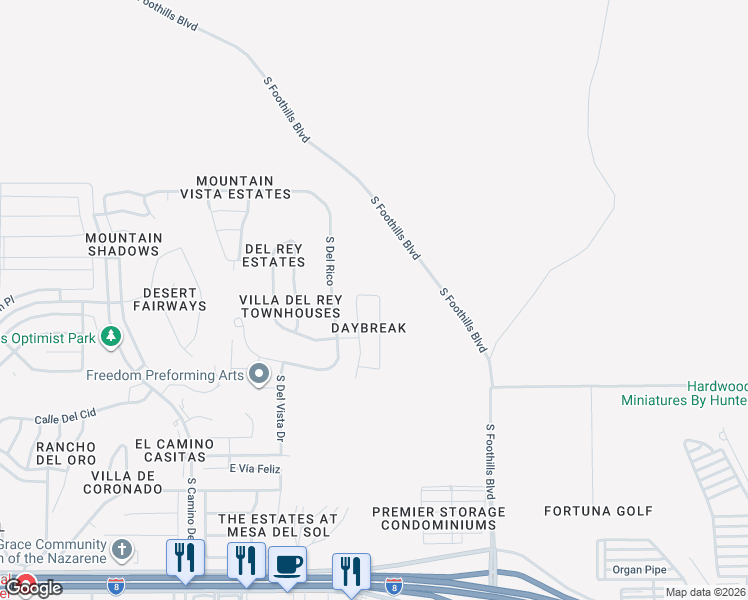 map of restaurants, bars, coffee shops, grocery stores, and more near South Sundown Drive in Yuma