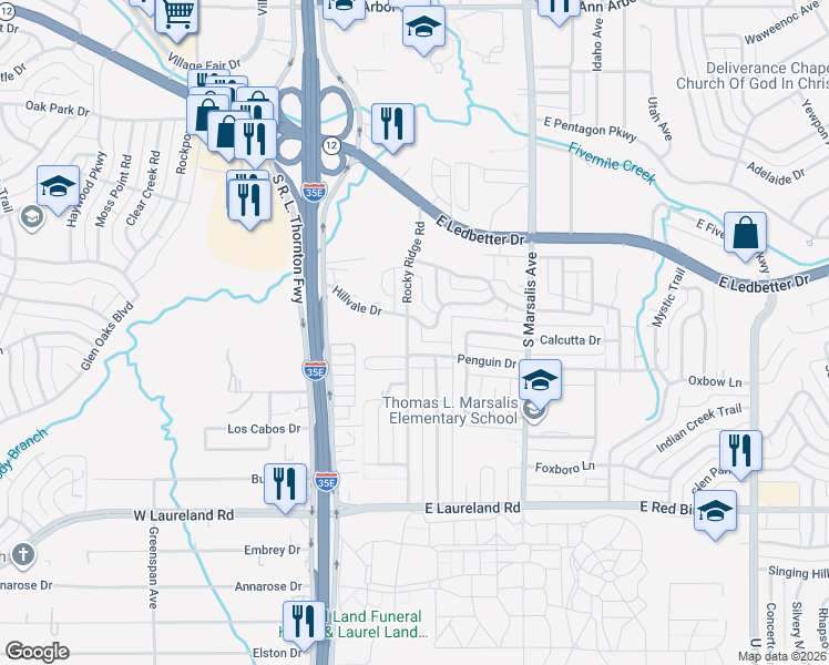 map of restaurants, bars, coffee shops, grocery stores, and more near 5322 Rocky Ridge Road in Dallas