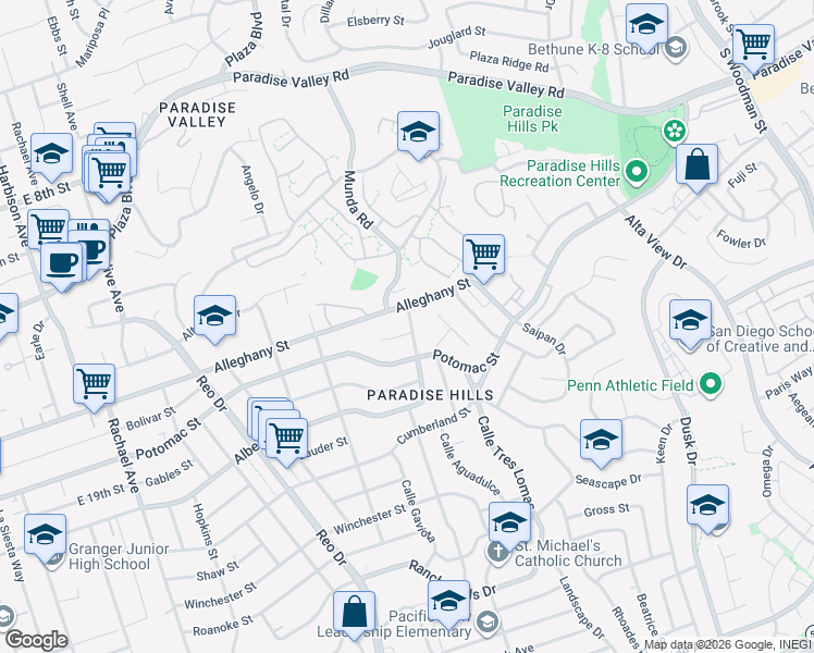 map of restaurants, bars, coffee shops, grocery stores, and more near 6152 Roberts Drive in San Diego