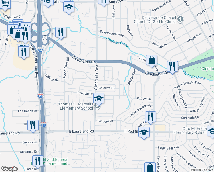 map of restaurants, bars, coffee shops, grocery stores, and more near 741 Calcutta Drive in Dallas