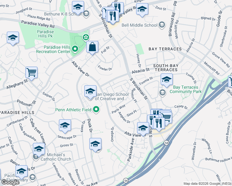 map of restaurants, bars, coffee shops, grocery stores, and more near 6872 Ritva Place in San Diego