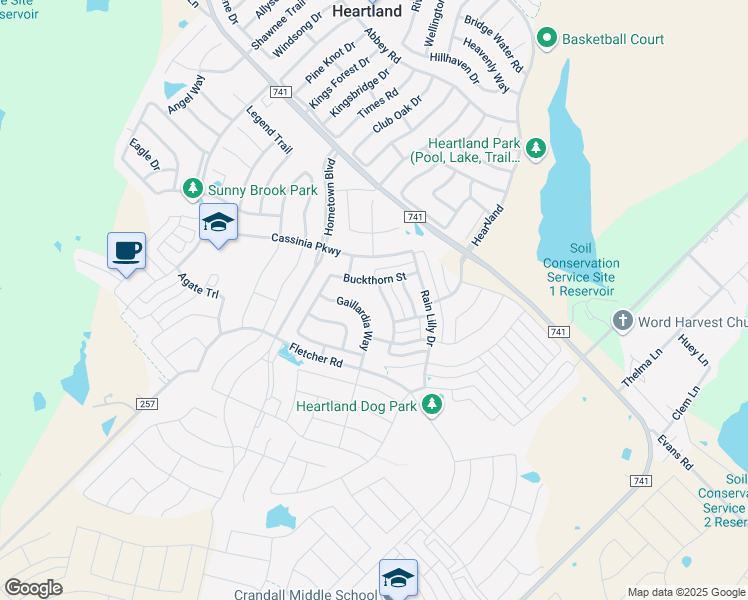 map of restaurants, bars, coffee shops, grocery stores, and more near 4120 Gaillardia Way in Forney