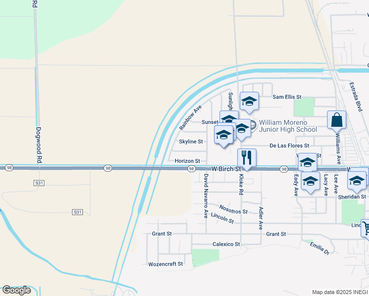 map of restaurants, bars, coffee shops, grocery stores, and more near 1037 Desert View Street in Calexico