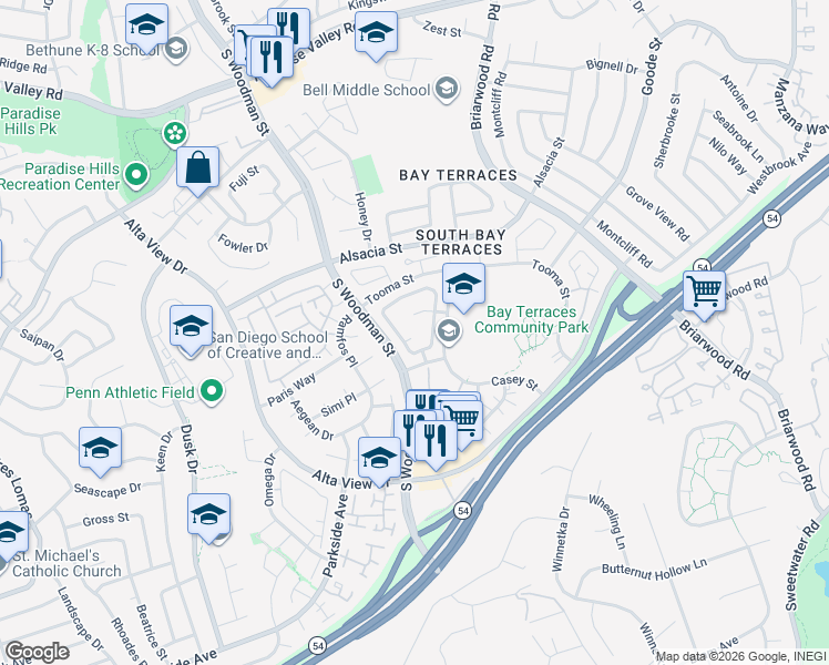 map of restaurants, bars, coffee shops, grocery stores, and more near 7040 Tenbury Court in San Diego