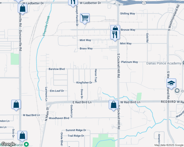 map of restaurants, bars, coffee shops, grocery stores, and more near 5325 Heron Trail in Dallas