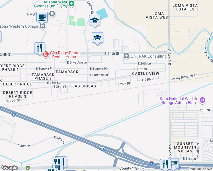 map of restaurants, bars, coffee shops, grocery stores, and more near 2666 South Picaflor Avenue in Yuma