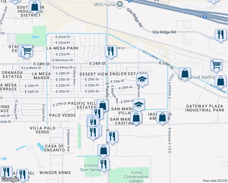 map of restaurants, bars, coffee shops, grocery stores, and more near 2595 South Marion Avenue in Yuma