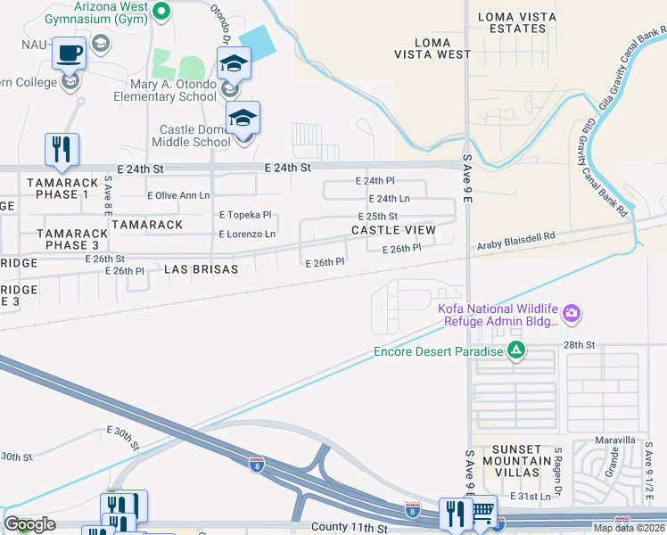 map of restaurants, bars, coffee shops, grocery stores, and more near 8633 East 26th Place in Yuma