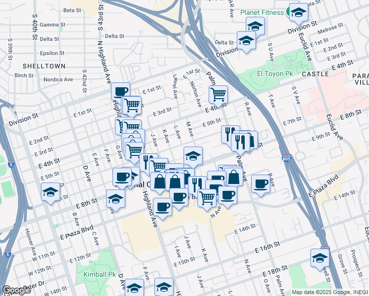 map of restaurants, bars, coffee shops, grocery stores, and more near 1202 East 6th Street in National City