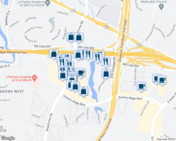 map of restaurants, bars, coffee shops, grocery stores, and more near 4609 Citylake Boulevard East in Fort Worth