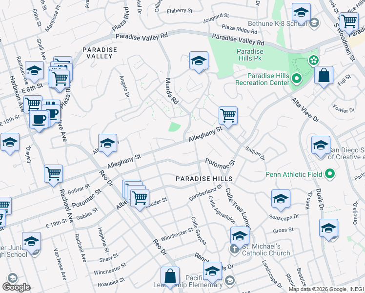 map of restaurants, bars, coffee shops, grocery stores, and more near 6152 Roberts Drive in San Diego